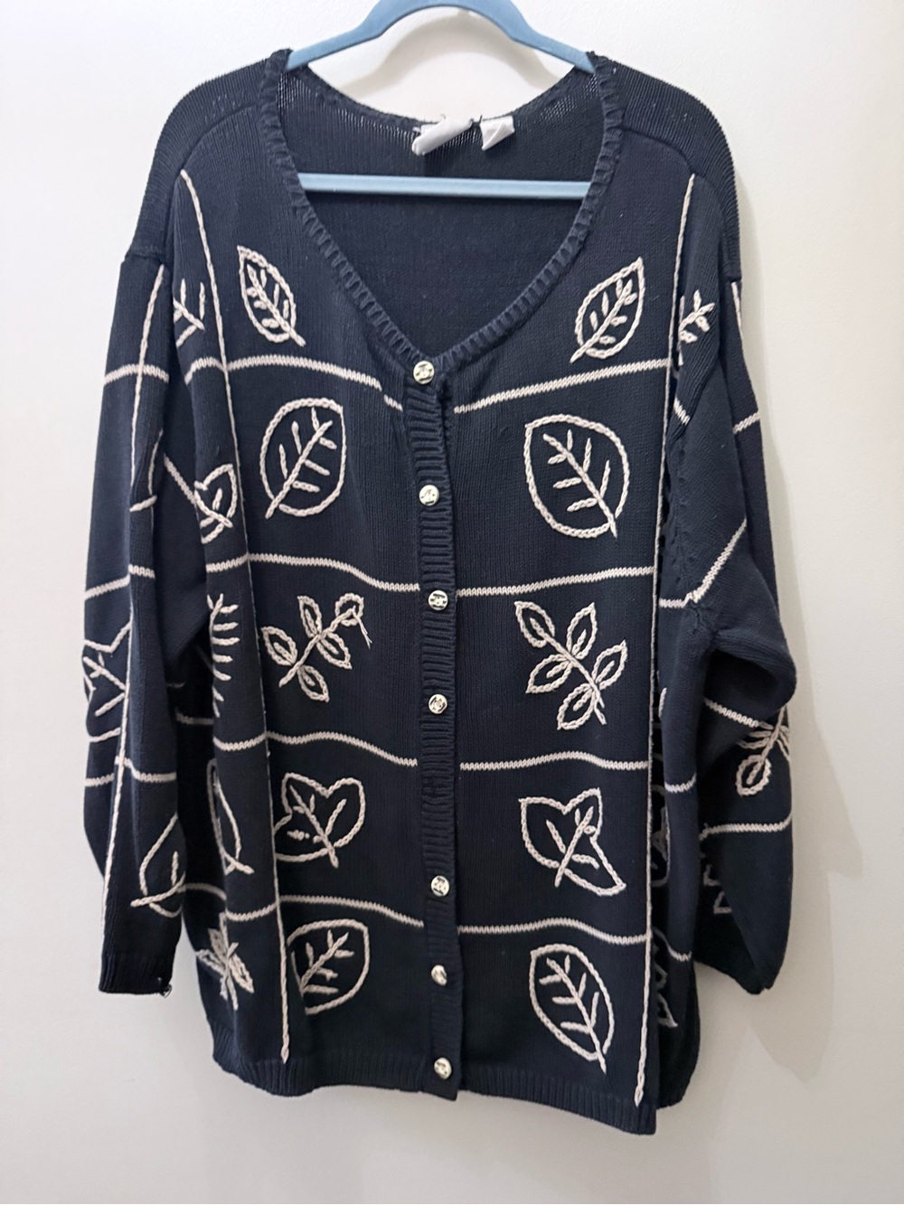 Elena Tannassi Black Knit Cardigan Sweater Tunic Fall Patchwork Leaves Fall 4X